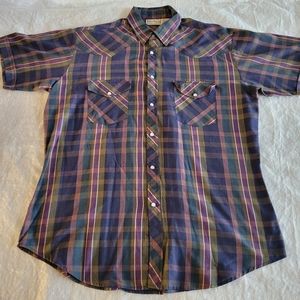 Open Trails Men's Pearl Snap Shirt Size L Plaid Vtg